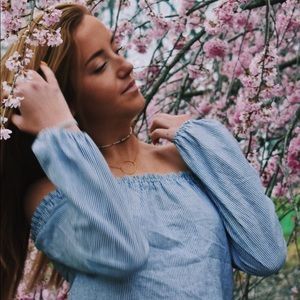 Off the shoulder striped blue and white top